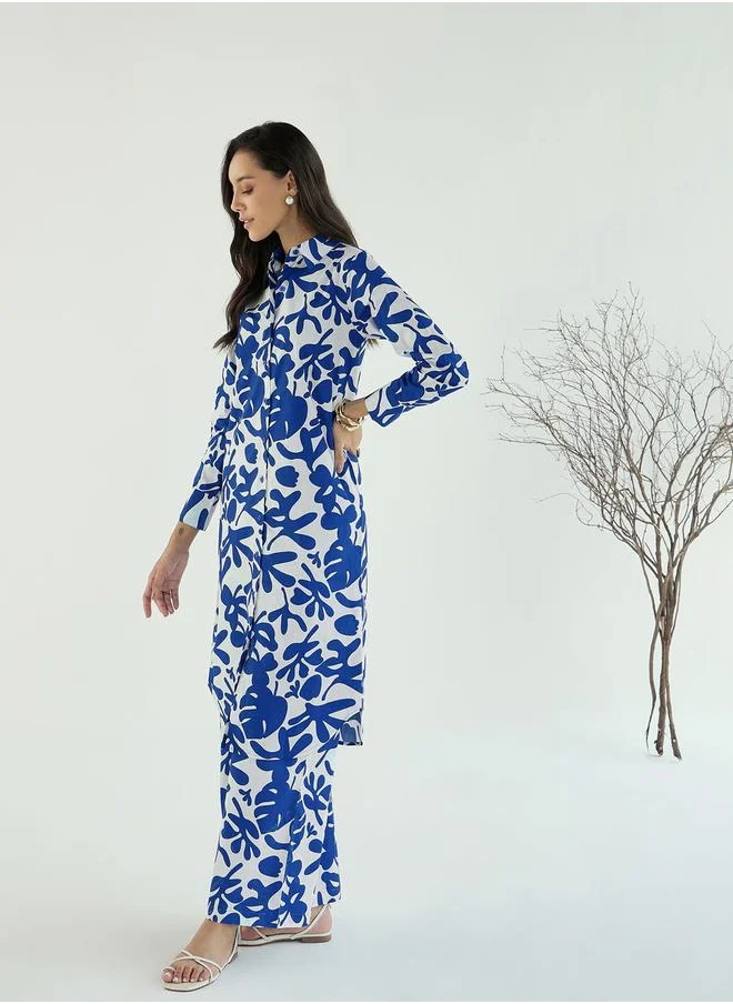 SASSAFRAS Floral Print Longline Shirt & Pants Co-Ords by Styli