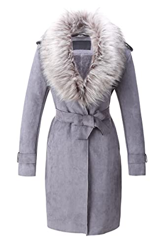 Bellivera Women Faux Suede Leather Jacket Coat with Detachable Fur Collar FF20 Gray L - Image 1