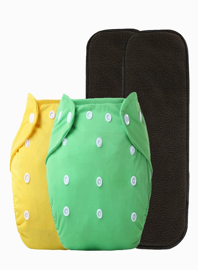 Alya Pocket Button Style Solid Reusable Cloth Diaper All in One Adjustable Washable Diapers Nappies(Without Inserts) for Toddlers/New Borns(0-24 Months,3-16KG) (Pack of 2, Yellow,Green) - Image 1