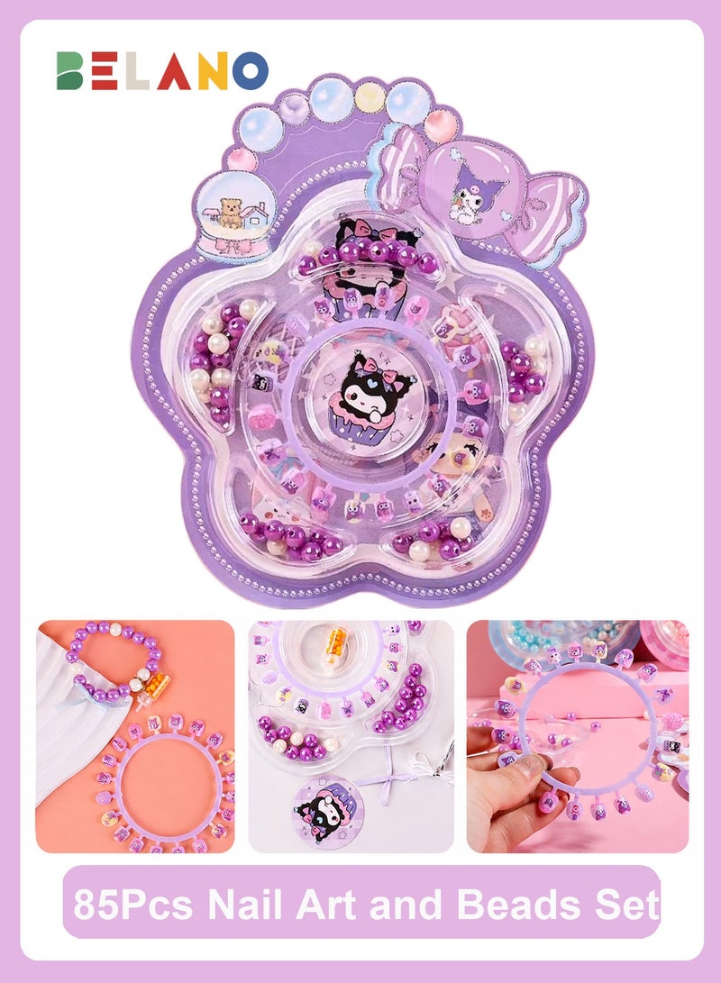 BELANO 85Pcs Kids Nails and DIY Jewelry Making Kit, Girls Press On Nails for Kids with Self Adhesive Backing,  Beads for Bracelets Craft Set - Image 1