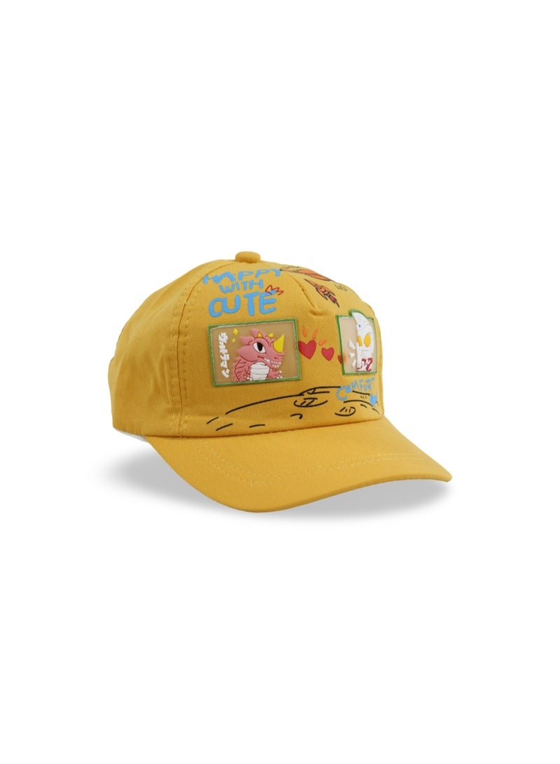 Fancy Unisex Cotton Cap – Yellow with "Happy with Cute" Design - Image 1