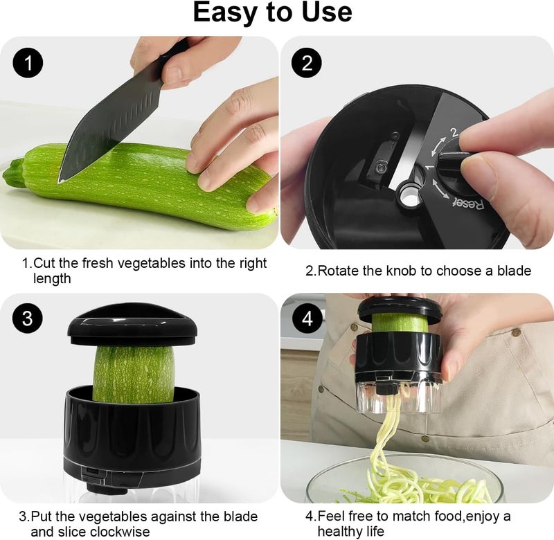 SHAREWIN 3 in 1 Vegetable Spiralizer Slicer, Adjustable Zucchini Carrot Noodle Maker, Cucumber Spiral Cutter, Easy to Use Kitchen Tool（Black） - Image 5