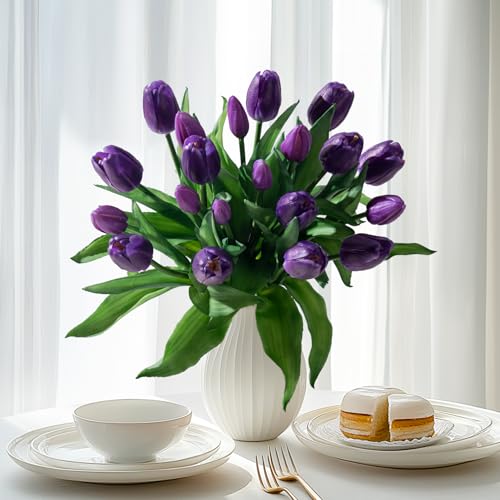Bailikang 20PCS Fake Tulips 12' Artificial Tulip Silk Flowers Fake PU Bouquet Artificial Flowers Faux Flowers with Gift Box Soft Faux Tulips Bouquets Arrangements for Party Wedding Home - Image 1