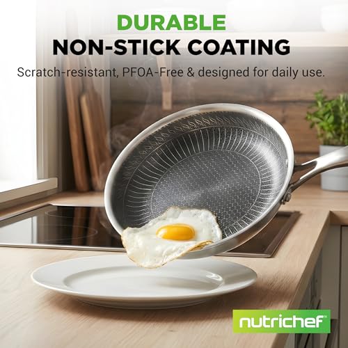 NutriChef 6-Piece Tri-Ply Stainless Steel Frying Pan Set – 8", 10", 12" Non-Stick Skillets with Lids, Induction Compatible, Oven Safe, Scratch-Resistant, Dishwasher Safe - Image 2