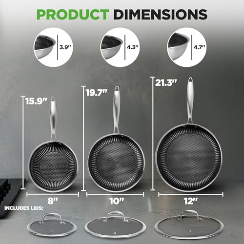 NutriChef 6-Piece Tri-Ply Stainless Steel Frying Pan Set – 8", 10", 12" Non-Stick Skillets with Lids, Induction Compatible, Oven Safe, Scratch-Resistant, Dishwasher Safe - Image 5