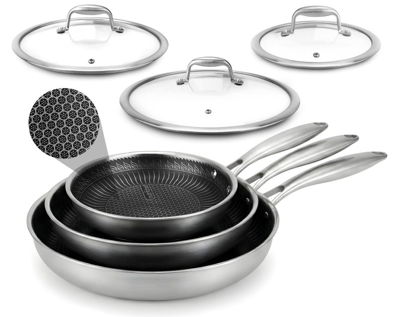 NutriChef 6-Piece Tri-Ply Stainless Steel Frying Pan Set – 8", 10", 12" Non-Stick Skillets with Lids, Induction Compatible, Oven Safe, Scratch-Resistant, Dishwasher Safe - Image 1