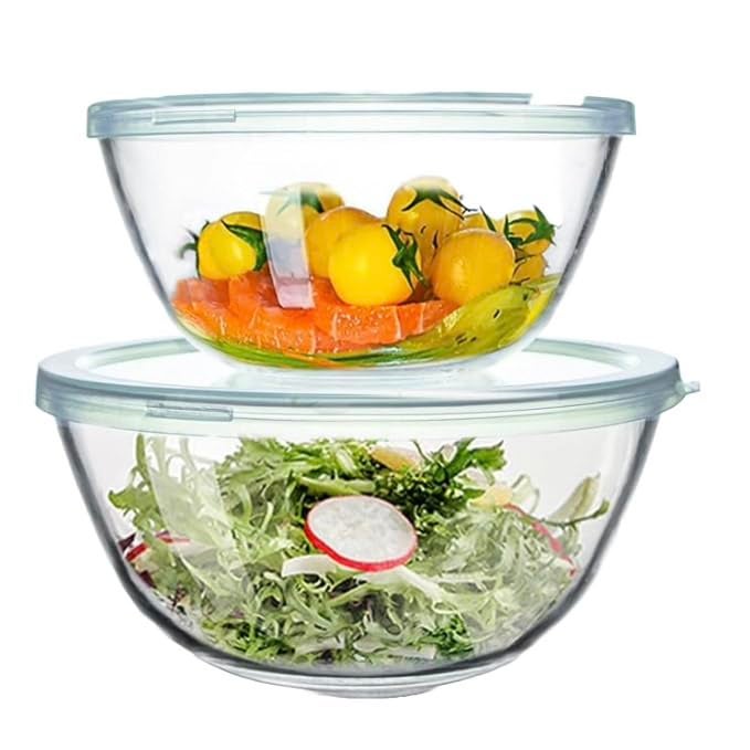 Femora Borosilicate Glass Mixing Bowl with Lid, 2 Pcs Set (400ml & 1050ml), Serving Bowl, Kitchen, Oven & Microwave, Dishwasher and Freezer Safe, Scratch Resistant, Round, Transparent - Image 1