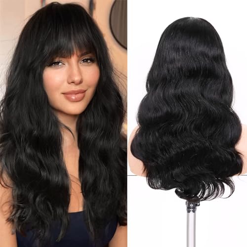 WIGNEE ويجنيه - باروكات تموج طبيعية مع غرة - 100% شعر بشري برازيلي طبيعي - باروكات تموج طبيعية باللون الأسود (18 بوصة 1B) - Image 1