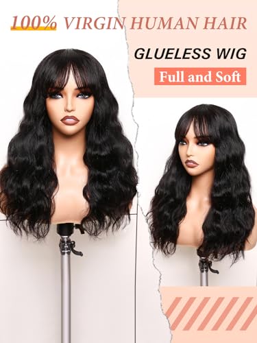 WIGNEE ويجنيه - باروكات تموج طبيعية مع غرة - 100% شعر بشري برازيلي طبيعي - باروكات تموج طبيعية باللون الأسود (18 بوصة 1B) - Image 2