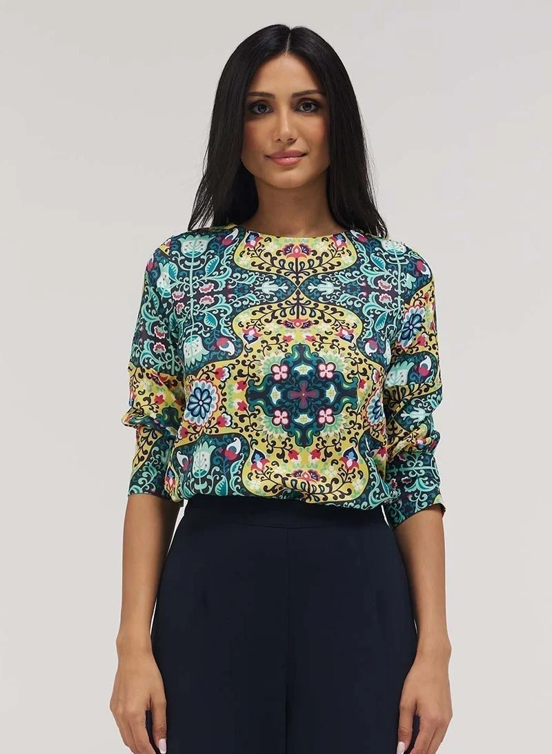 Zigzag Half Sleeve Chiffon Top With A Cuffed Sleeve