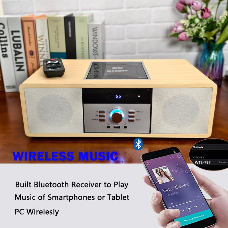 WISCENT Nostalgic Bluetooth Stereo System for Home, WISCENT Vintage Micro HiFi Systems CD Player,with Bluetooth Audio Streaming,FM Radio,USB Port,Aux-in,Earphone Port (Wood Color) - Image 5