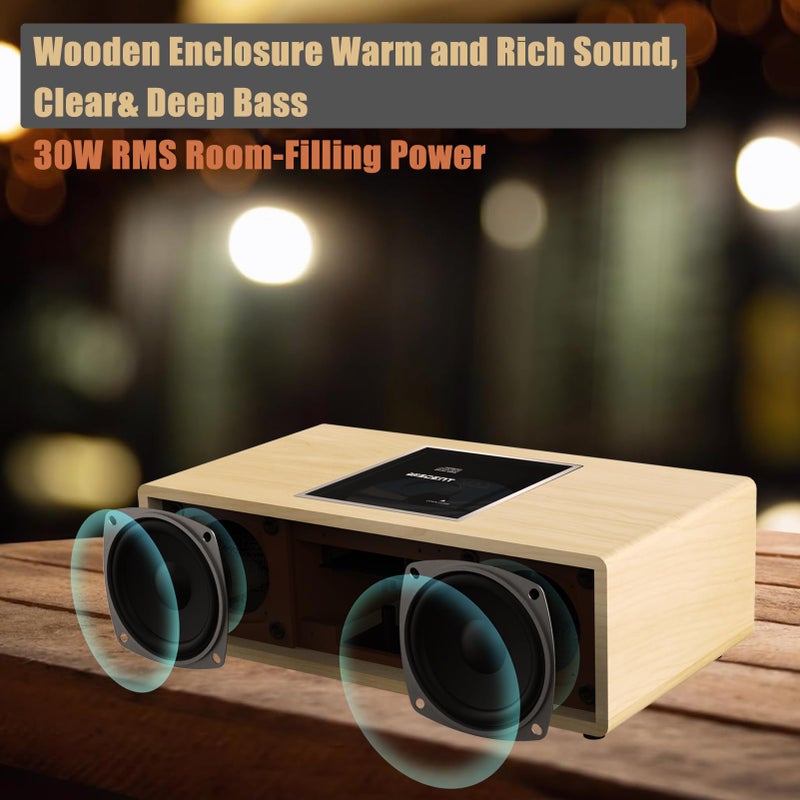 WISCENT Nostalgic Bluetooth Stereo System for Home, WISCENT Vintage Micro HiFi Systems CD Player,with Bluetooth Audio Streaming,FM Radio,USB Port,Aux-in,Earphone Port (Wood Color) - Image 3