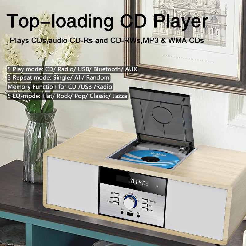 WISCENT Nostalgic Bluetooth Stereo System for Home, WISCENT Vintage Micro HiFi Systems CD Player,with Bluetooth Audio Streaming,FM Radio,USB Port,Aux-in,Earphone Port (Wood Color) - Image 4
