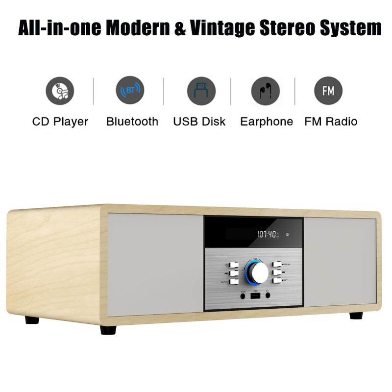 WISCENT Nostalgic Bluetooth Stereo System for Home, WISCENT Vintage Micro HiFi Systems CD Player,with Bluetooth Audio Streaming,FM Radio,USB Port,Aux-in,Earphone Port (Wood Color) - Image 2