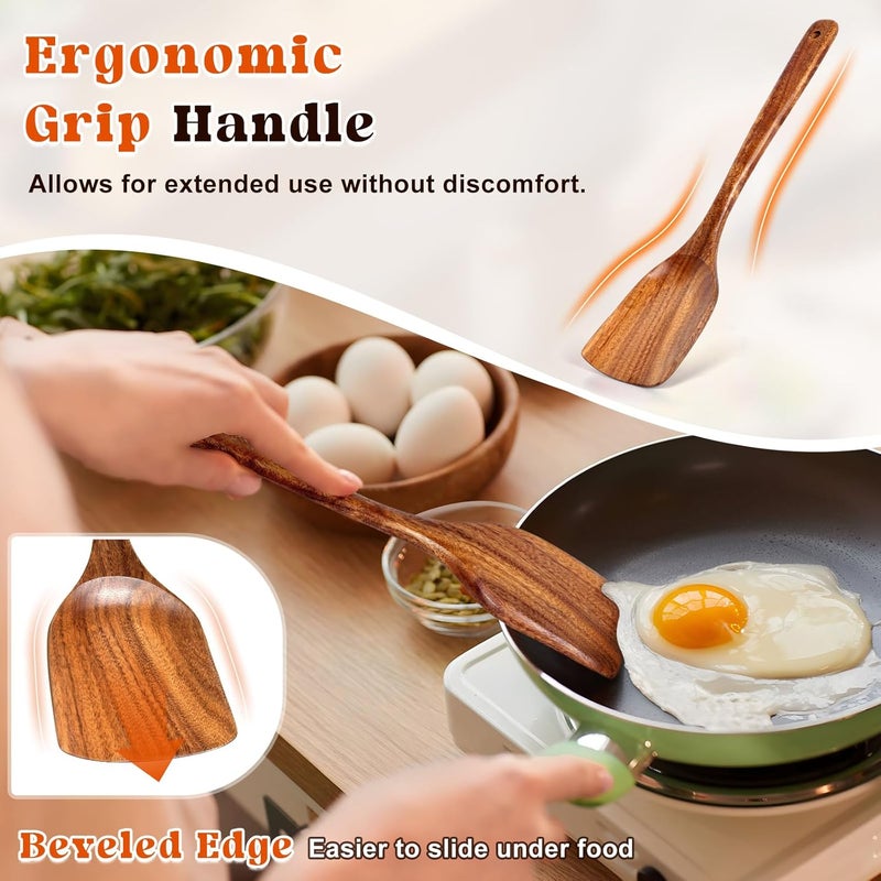 MemoGem 2Pcs Wooden Spatula, Acacia Solid & Slotted Turner Spatula Set, Long Handle Flat Frying Spatulas, Ideal Kitchen Gift for Mother and Grandma, Kitchen Utensils Set for Cooking, Frying, Baking - Image 2