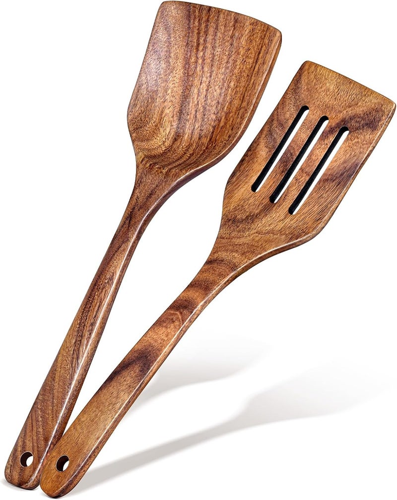 MemoGem 2Pcs Wooden Spatula, Acacia Solid & Slotted Turner Spatula Set, Long Handle Flat Frying Spatulas, Ideal Kitchen Gift for Mother and Grandma, Kitchen Utensils Set for Cooking, Frying, Baking - Image 1