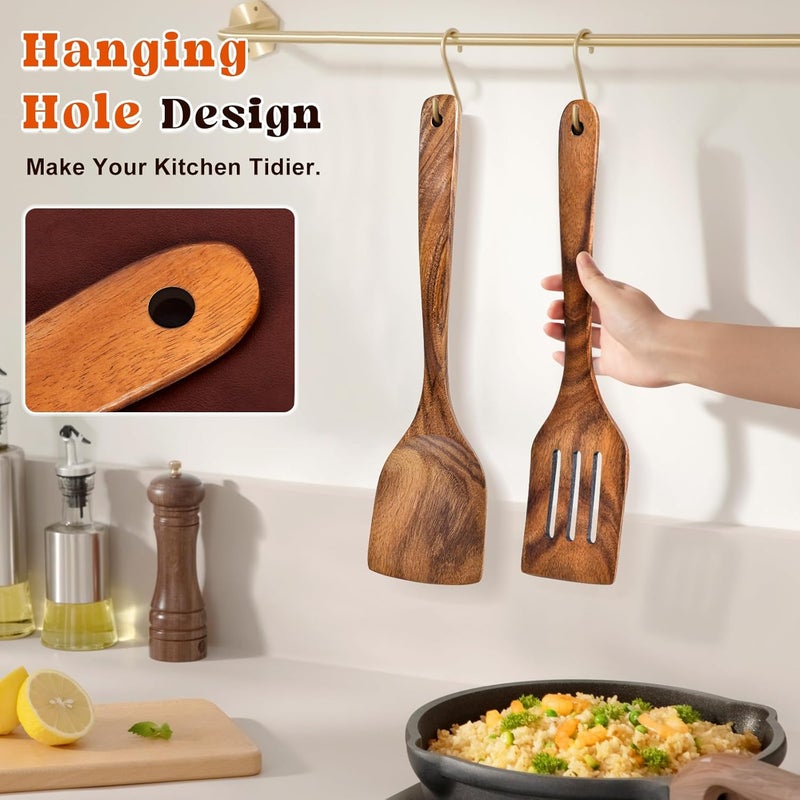 MemoGem 2Pcs Wooden Spatula, Acacia Solid & Slotted Turner Spatula Set, Long Handle Flat Frying Spatulas, Ideal Kitchen Gift for Mother and Grandma, Kitchen Utensils Set for Cooking, Frying, Baking - Image 4