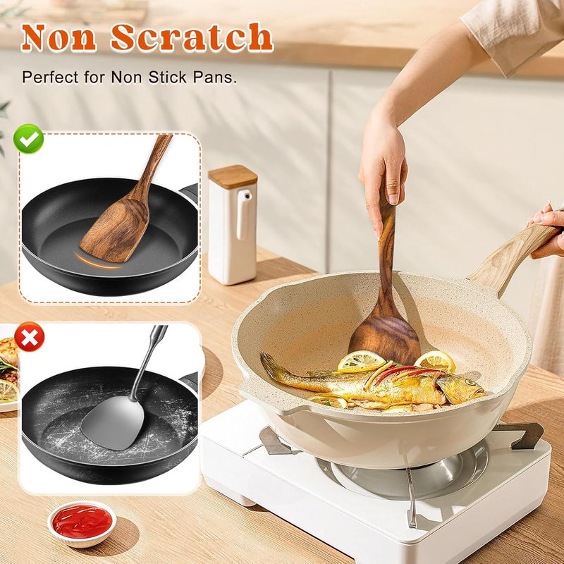 MemoGem 2Pcs Wooden Spatula, Acacia Solid & Slotted Turner Spatula Set, Long Handle Flat Frying Spatulas, Ideal Kitchen Gift for Mother and Grandma, Kitchen Utensils Set for Cooking, Frying, Baking - Image 5