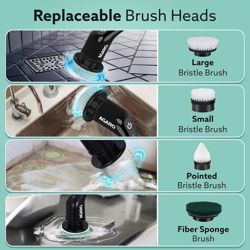 AGARO Royal Electric Spin Scrubber, Cleaning Brush Scrubber for Home, 400RPM/Mins-8 Replaceable Brush Heads-90Mins Work Time, 3 Adjustable Size, 2 Adjustable Speeds - Image 5