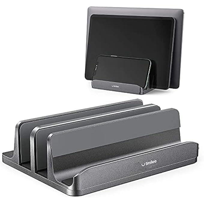 SMILEE VERTICAL LAPTOP STAND, 3 SLOTS FOR LAPTOP, TABLET, PHONE - FITS ALL LAPTOP MODELS (UP TO 17.3") - HEAVY DUTY POLISHED ALUMINUM DESKTOP HOLDER - ANTI SLIDE SILICONE GRIPS (GREY,3 SLOTS) - Image 1