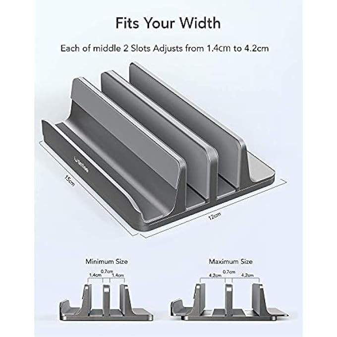 SMILEE VERTICAL LAPTOP STAND, 3 SLOTS FOR LAPTOP, TABLET, PHONE - FITS ALL LAPTOP MODELS (UP TO 17.3") - HEAVY DUTY POLISHED ALUMINUM DESKTOP HOLDER - ANTI SLIDE SILICONE GRIPS (GREY,3 SLOTS) - Image 3