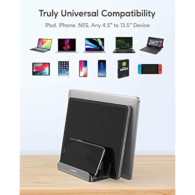 SMILEE VERTICAL LAPTOP STAND, 3 SLOTS FOR LAPTOP, TABLET, PHONE - FITS ALL LAPTOP MODELS (UP TO 17.3") - HEAVY DUTY POLISHED ALUMINUM DESKTOP HOLDER - ANTI SLIDE SILICONE GRIPS (GREY,3 SLOTS) - Image 2
