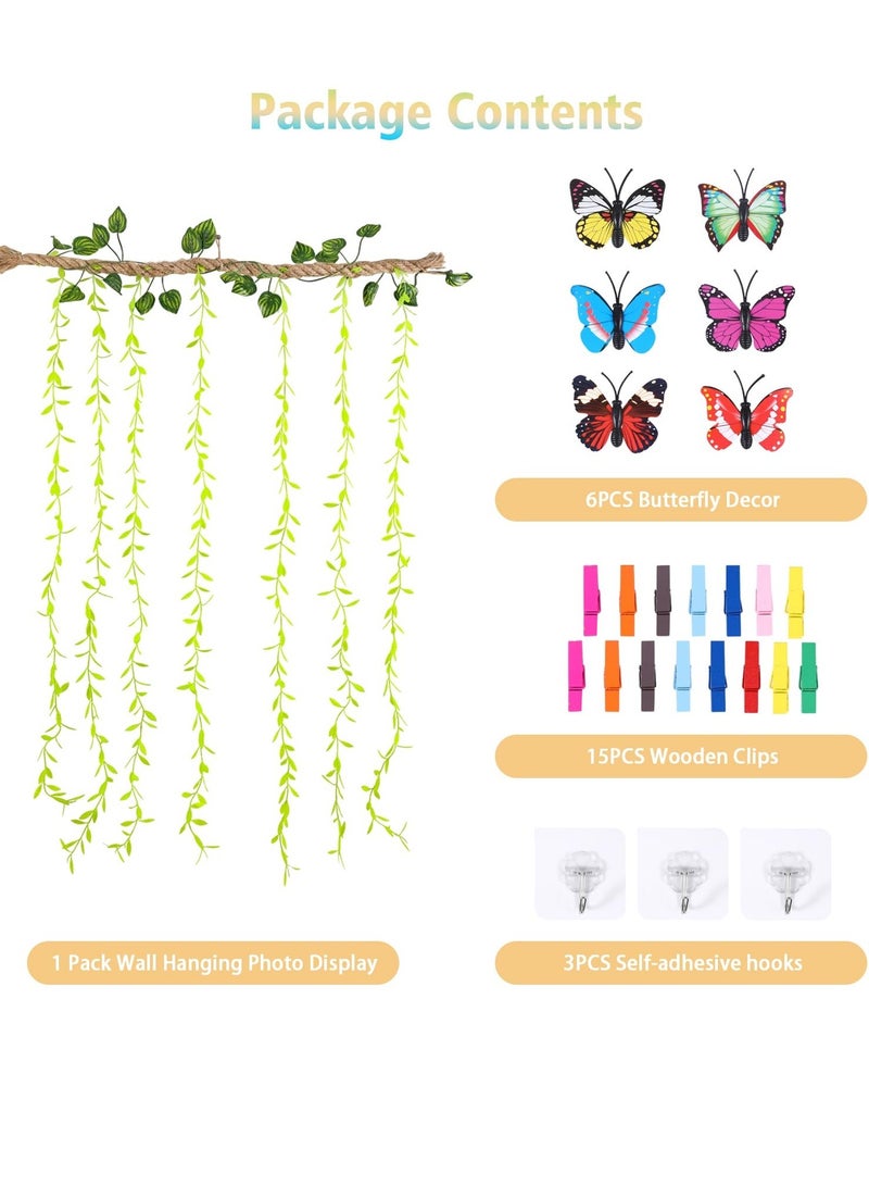 SOLARAE Wall Hanging Photo Display with Artificial Leaves Vines, Macrame Photo Holders, Boho Pictures Organizer for Wall Decoration, with 25 Wood Clips, for Home, Office, Classroom, Party, Wedding - Image 3