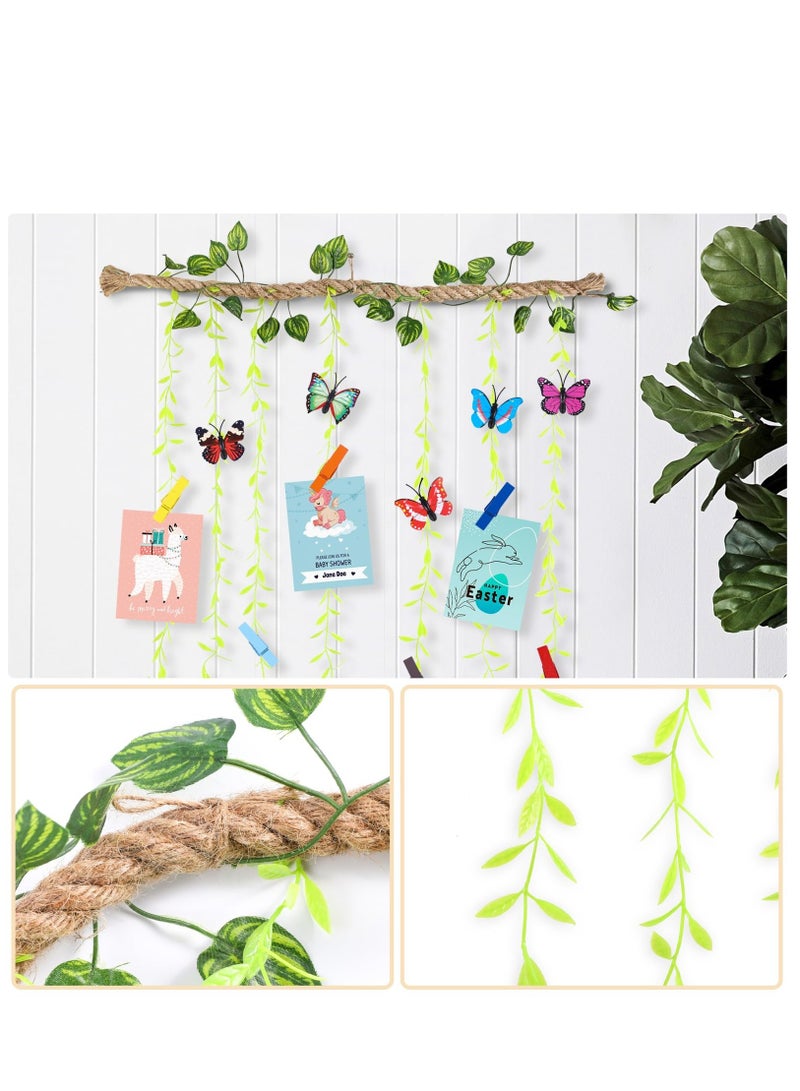SOLARAE Wall Hanging Photo Display with Artificial Leaves Vines, Macrame Photo Holders, Boho Pictures Organizer for Wall Decoration, with 25 Wood Clips, for Home, Office, Classroom, Party, Wedding - Image 4