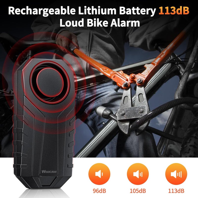wsdcam Wireless Bike Alarm with Remote, Rechargeable Bicycle Alarm System Anti Theft, IP65 Waterproof, 113dB Loud Bike Alarms for E-Bikes, Motorcycles, Scooter, Outdoor Riding and Cycling Safety - Image 2
