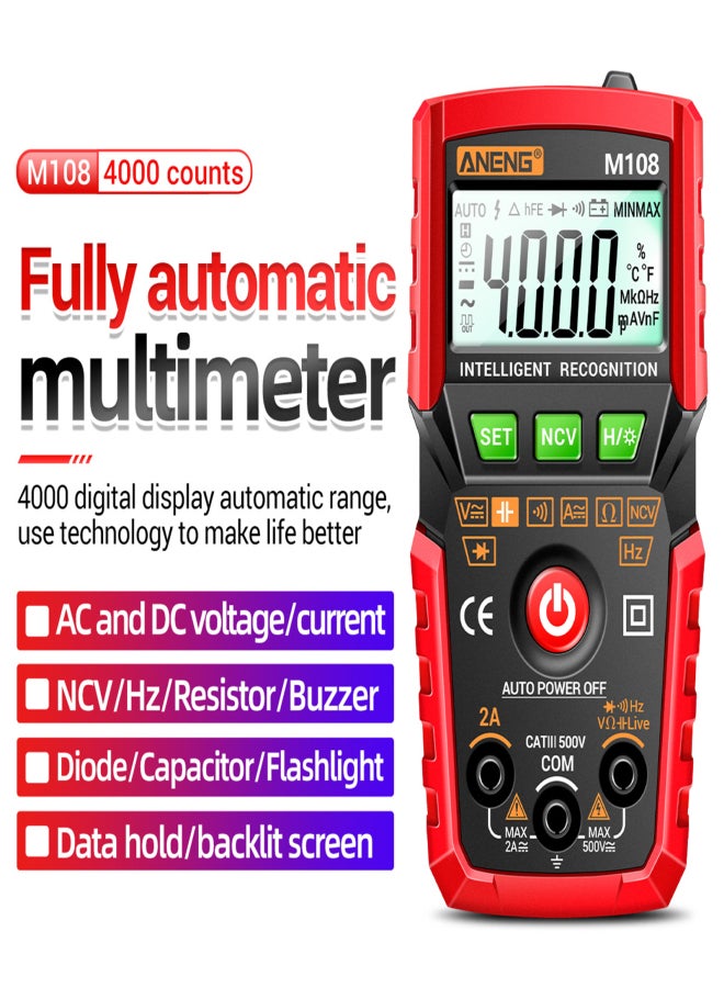 ANENG M108 Smart Digital Multimeter Auto Range 4000 Counts NCV Universal Meter Handheld Multifunctional Tester Voltmeter Ammeter with Backlight Flashlight AC/DC Voltage & Current Resistance - Image 5