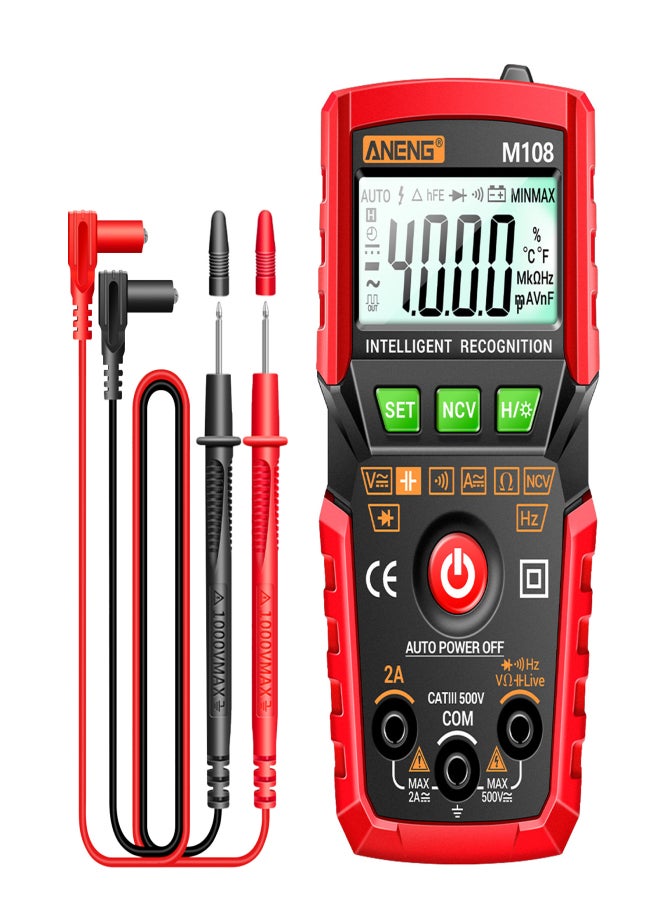ANENG M108 Smart Digital Multimeter Auto Range 4000 Counts NCV Universal Meter Handheld Multifunctional Tester Voltmeter Ammeter with Backlight Flashlight AC/DC Voltage & Current Resistance - Image 1