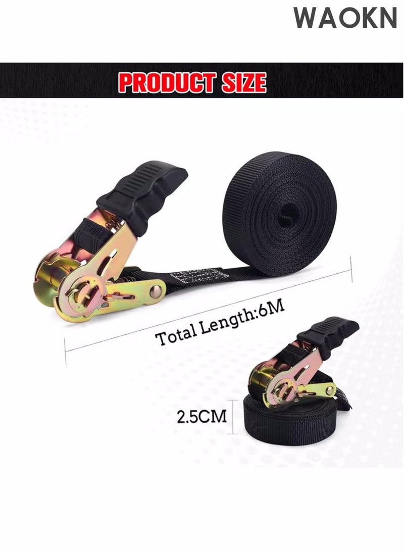 WAOKN 20 foot ratchet strap fastening strap, tying strap, 6M 25mm heavy-duty tension strap, tensioner fastener rope tensioner, adjustable cam buckle strap, motorcycle car trailer household black (2-piece set). - Image 2