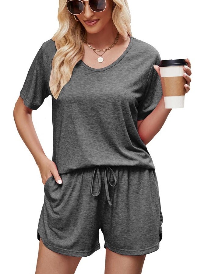 MOYEE Womens Pajama Sets Soft Short Sleeve Shirt and Shorts 2 Pieces Lounge Outfit Sets with Pockets Dark Grey - Image 1
