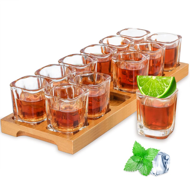 INFTYLE Shot Glass Set  2oz60ml Set of 12 Shot Glass Tray Holder Set Thick Base for Club Bar Party 12pcs