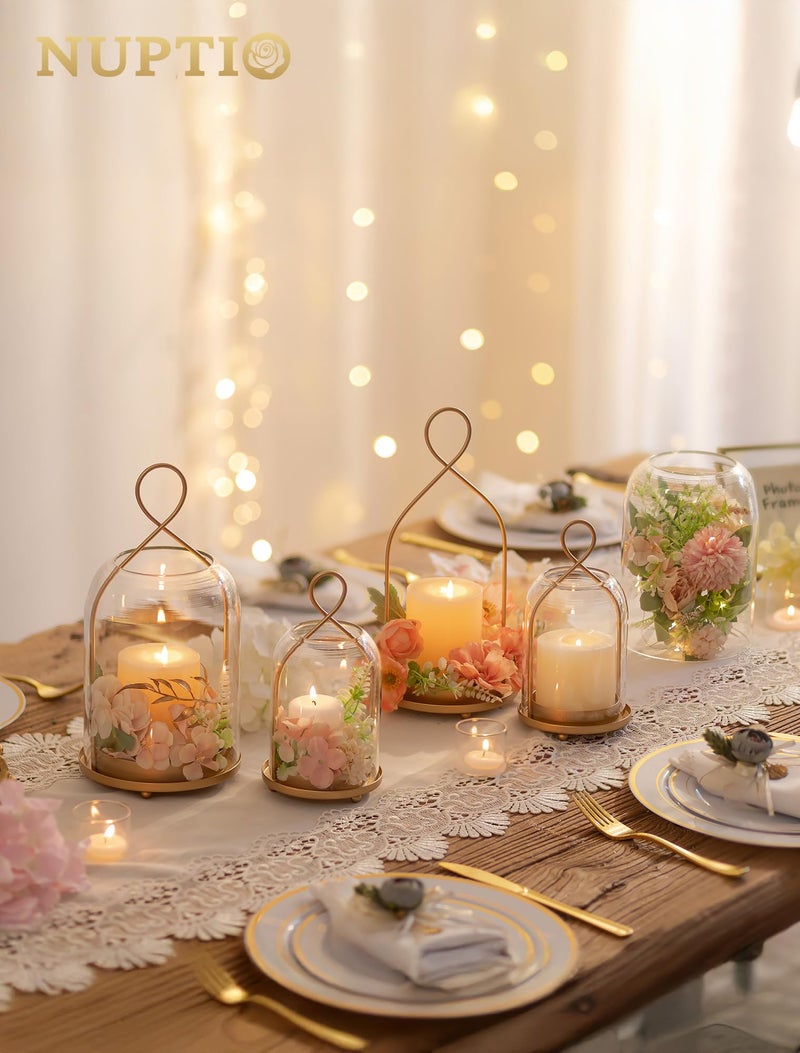 NUPTIO Glass Lanterns Decorative Outdoor: Gold Hurricane Candle Holders for Pillar Candles - Set of 2 Hanging Lantern for Home Thanksgiving Christmas Party Centerpiece - Image 4
