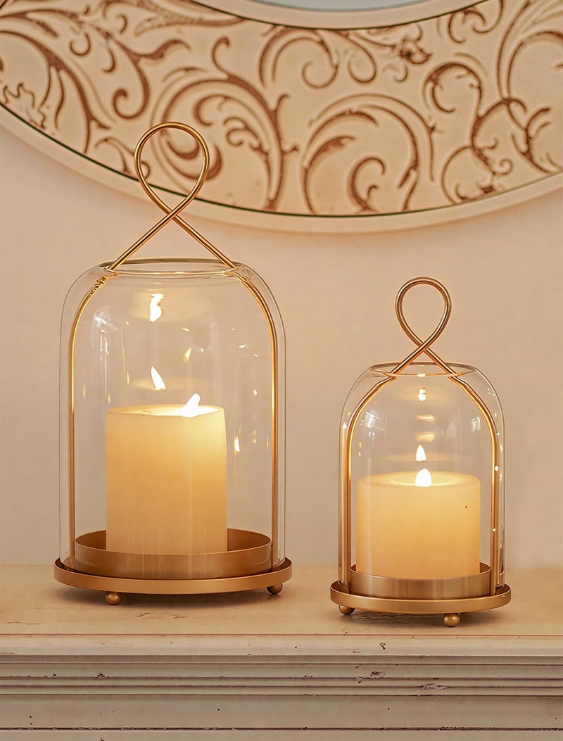 NUPTIO Glass Lanterns Decorative Outdoor: Gold Hurricane Candle Holders for Pillar Candles - Set of 2 Hanging Lantern for Home Thanksgiving Christmas Party Centerpiece - Image 1