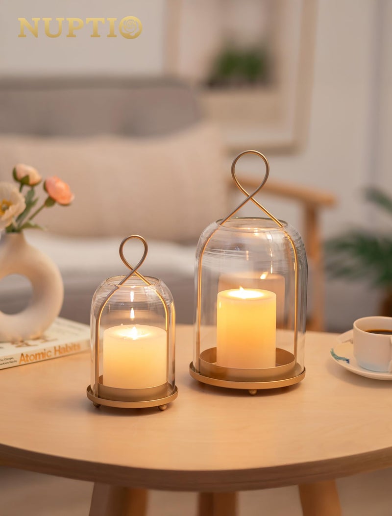 NUPTIO Glass Lanterns Decorative Outdoor: Gold Hurricane Candle Holders for Pillar Candles - Set of 2 Hanging Lantern for Home Thanksgiving Christmas Party Centerpiece - Image 5