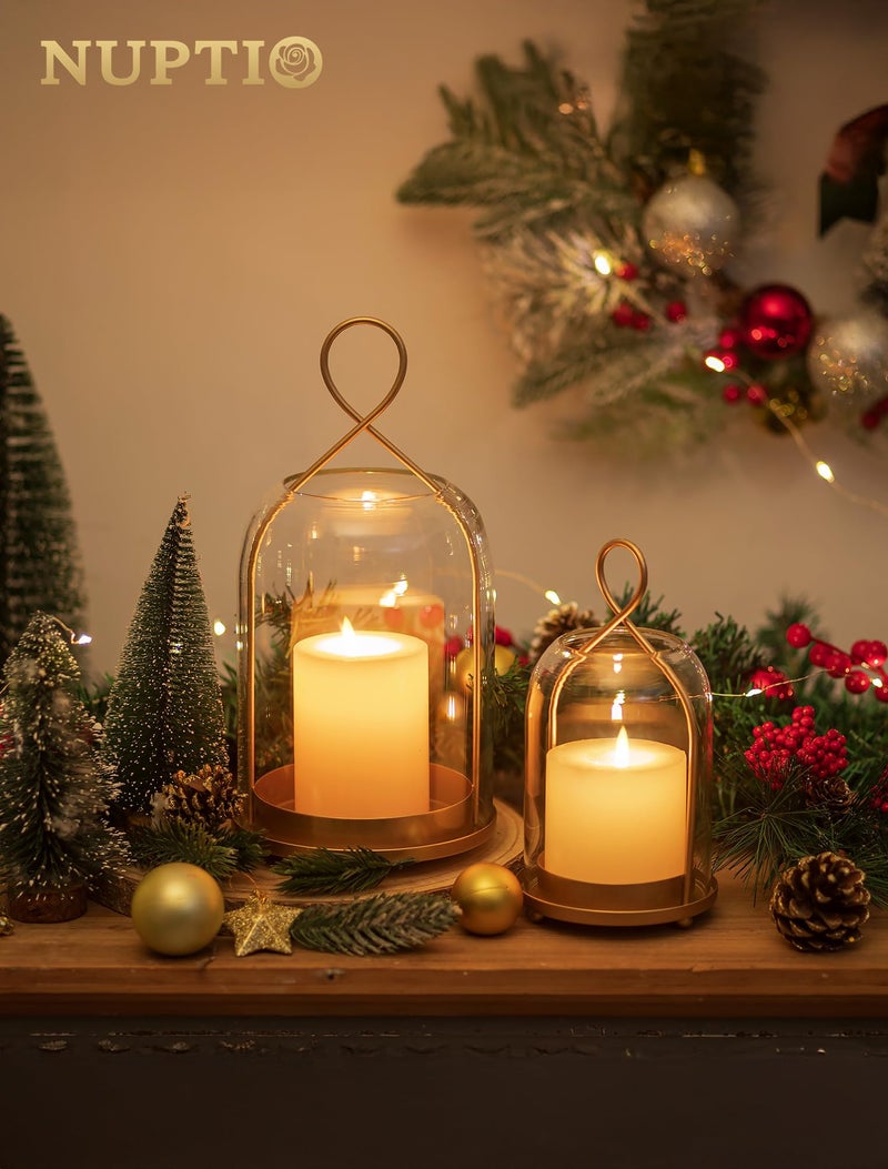 NUPTIO Glass Lanterns Decorative Outdoor: Gold Hurricane Candle Holders for Pillar Candles - Set of 2 Hanging Lantern for Home Thanksgiving Christmas Party Centerpiece - Image 3