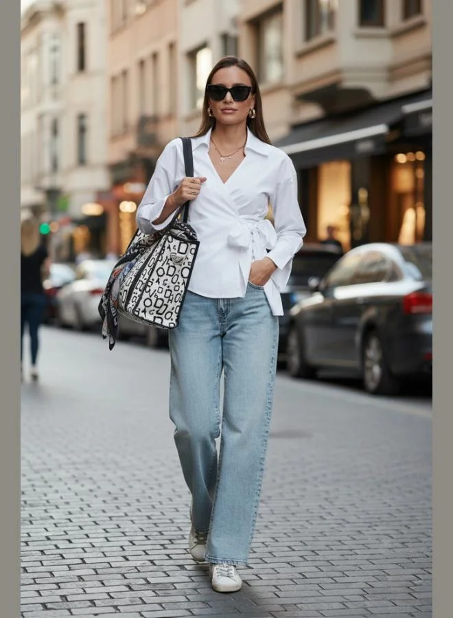 ليلا قميص نسائي قطني بأكمام طويلة وتفاصيل ربط من ليلا