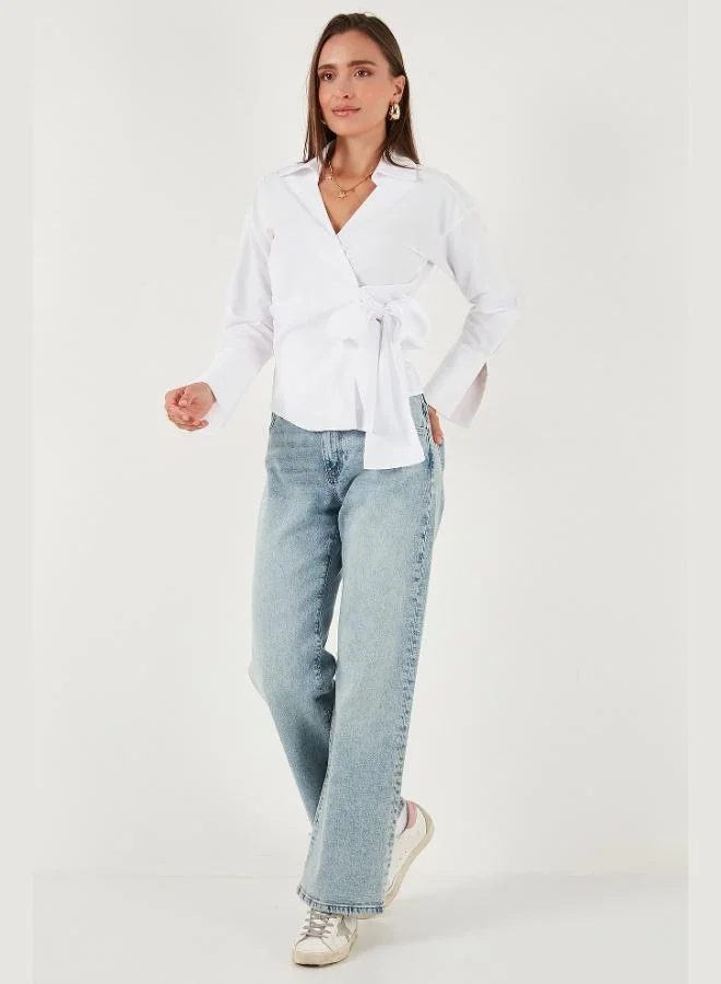 ليلا قميص نسائي قطني بأكمام طويلة وتفاصيل ربط من ليلا