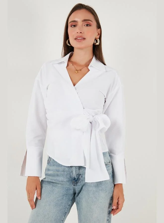 ليلا قميص نسائي قطني بأكمام طويلة وتفاصيل ربط من ليلا