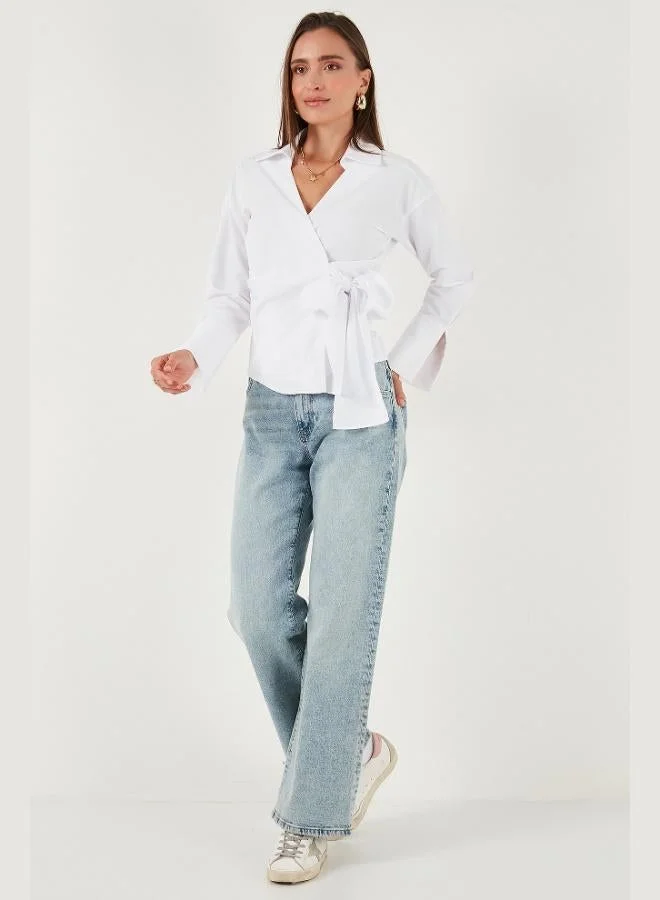 ليلا قميص نسائي قطني بأكمام طويلة وتفاصيل ربط من ليلا