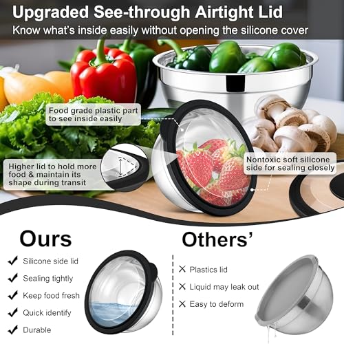 E-far Efar Mixing Bowls Set of 5 Stainless Steel Salad Mixing Bowl with Transparent Lid Metal Nesting Bowl Attach with 3 Graters for Kitchen PreppingServingBakingStorage 462615107 QT Black - Image 3