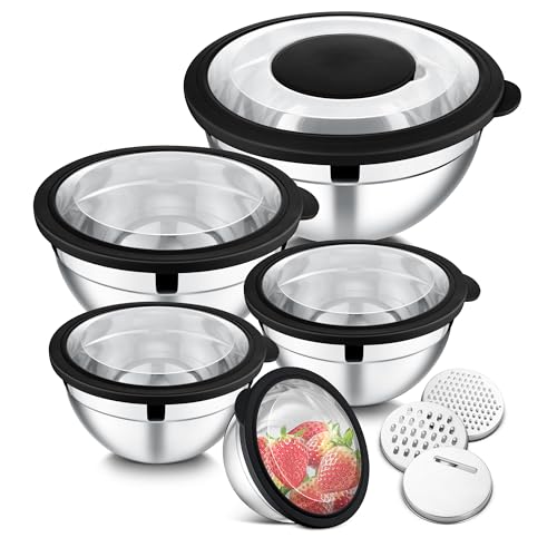 E-far Efar Mixing Bowls Set of 5 Stainless Steel Salad Mixing Bowl with Transparent Lid Metal Nesting Bowl Attach with 3 Graters for Kitchen PreppingServingBakingStorage 462615107 QT Black - Image 1