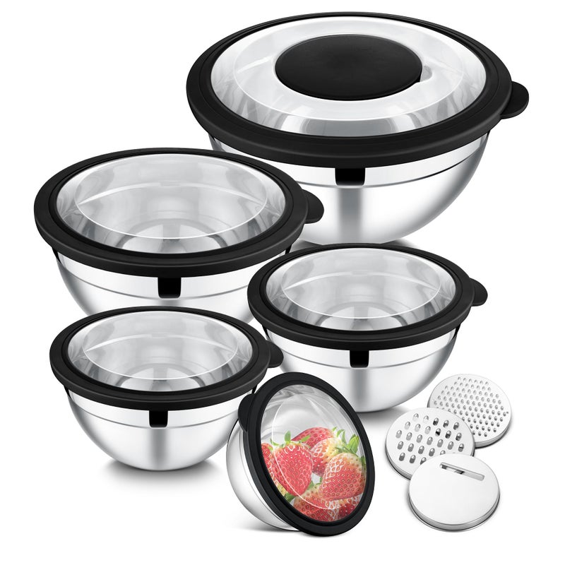 E-far Efar Mixing Bowls Set of 5 Stainless Steel Salad Mixing Bowl with Transparent Lid Metal Nesting Bowl Attach with 3 Graters for Kitchen PreppingServingBakingStorage 462615107 QT Black - Image 2