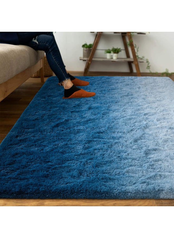DweIke Luxury Fluffy Kids Rugs for Living Room Bedroom, 8x10 Large Shaggy Gradient Navy Blue Area Rug for Girls Boys, Upgrade Plush Non-Slip and Washable Colorful Fuzzy Carpet for Dorm Nursery Decor - Image 2