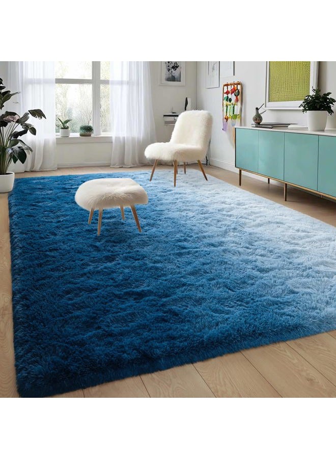 DweIke Luxury Fluffy Kids Rugs for Living Room Bedroom, 8x10 Large Shaggy Gradient Navy Blue Area Rug for Girls Boys, Upgrade Plush Non-Slip and Washable Colorful Fuzzy Carpet for Dorm Nursery Decor - Image 3