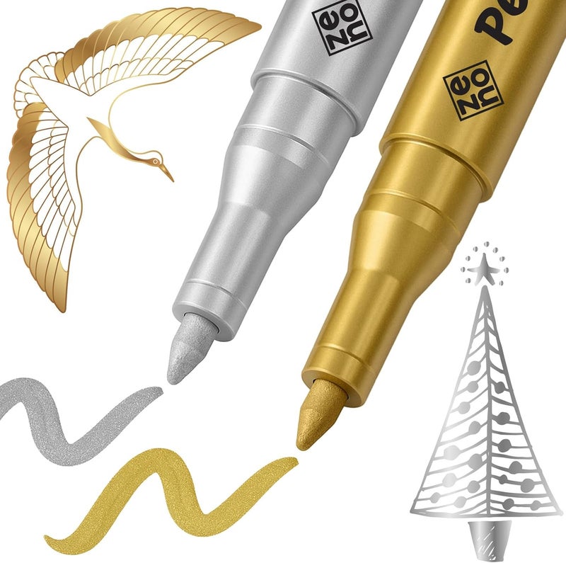 Zeno 2 Metallic Paint Pens – Oil-Based Gold and Silver Permanent Markers, 0.7mm Extra Fine Tip for Rock, Glass, Fabric, Plastic, Cards & Holiday Crafts - Image 1