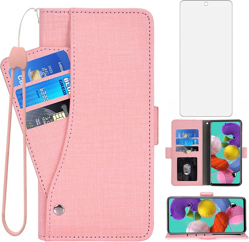 Asuwish Compatible with Samsung Galaxy A51 4G Wallet Case Tempered Glass Screen Protector and Leather Flip Cover Card Holder Cell Phone Cases for Glaxay A 51 Gaxaly M40S 51A A515F S51 Women Men Pink - Image 1
