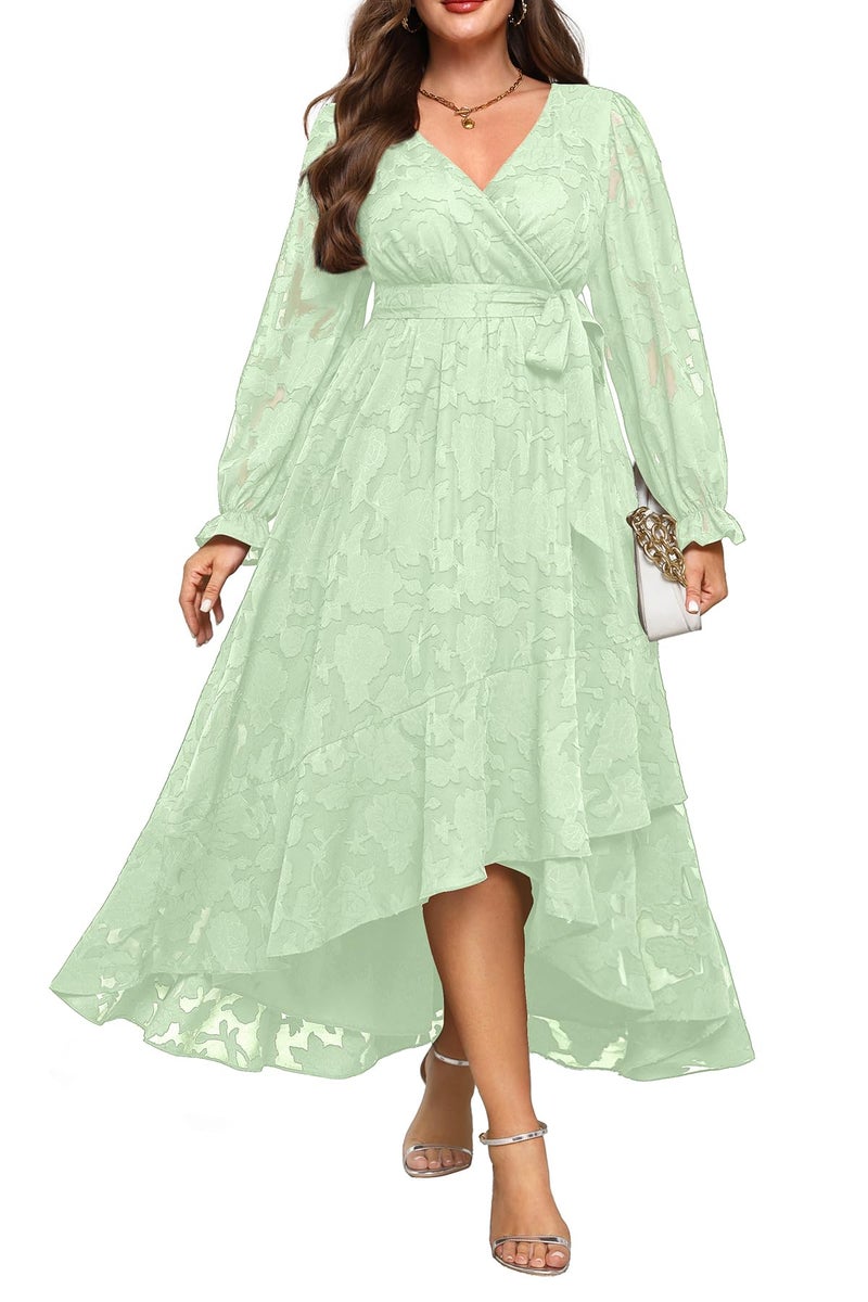 Talisea Sage Green Dress Plus Size Wedding Guest Easter Fall Semi Formal Floral Long Sleeve Wrap High Low Maxi Dresses Women - Image 1